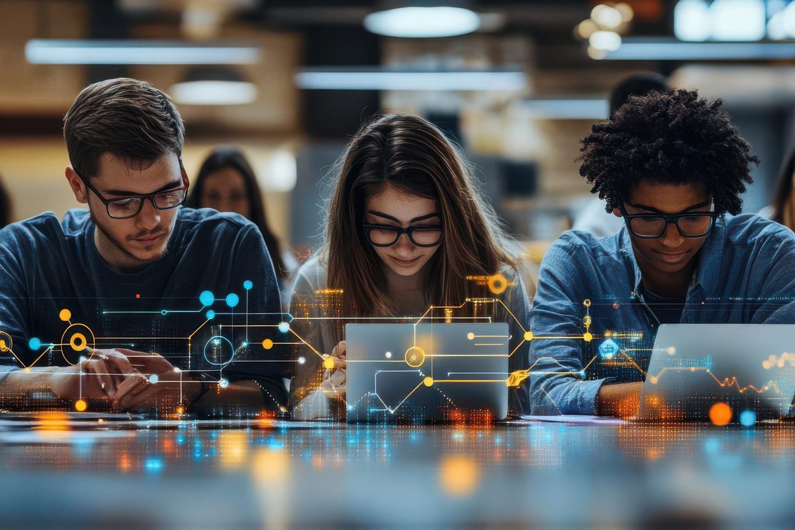 A group of students collaborating on an e-learning project, using digital tools and laptops, with colorful knowledge graphs and virtual icons surrounding them in a modern classroom